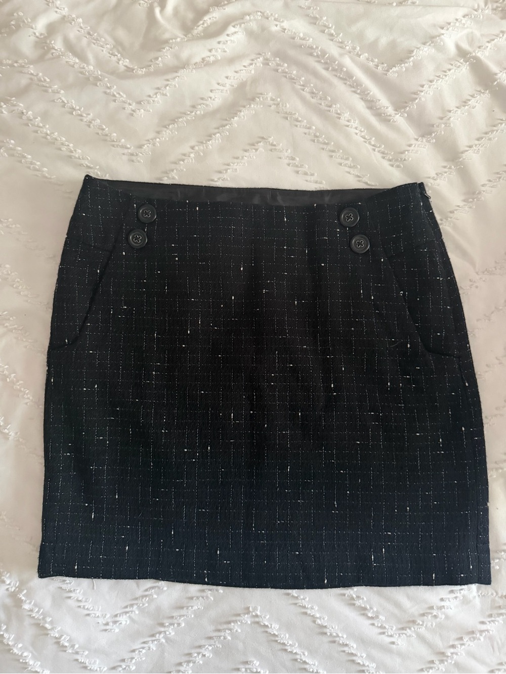 LOFT Black Tweed Mini Skirt with Button Accents